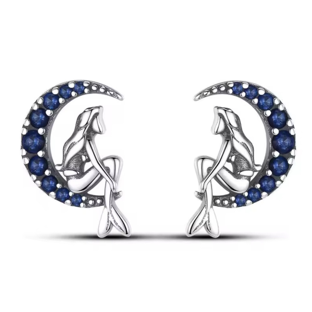 925 Sterling Silver Mermaid In The Moon Gemstone Stud Earrings Bohemian